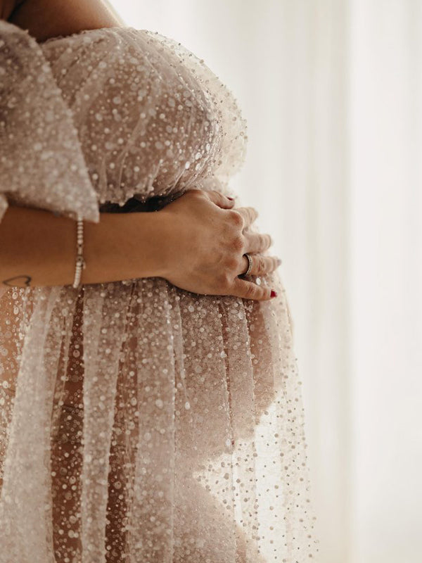 Joliloves Elegante Balze Trasparente Paillettes Spalle Scoperte Spacco Maxi Abiti premaman