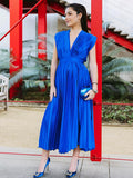Joliloves Blu Raso pieghe Scollo A V Senza Maniche Cocktail Maxi Abiti eleganti premaman