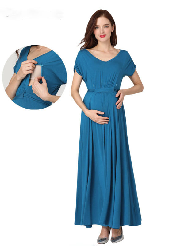 Joliloves Colore Unico Elastico In Vita Scollo A V Elegante allattamento per maternità Maxi Abiti premaman