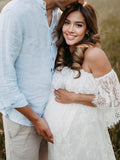 Joliloves Bianco romantico Pizzo Ricamo Spalle Scoperte Pavimento Lunghezza Maxi abiti fotografico premaman