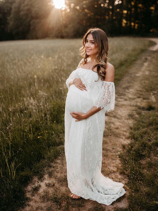 Joliloves Bianco romantico Pizzo Ricamo Spalle Scoperte Pavimento Lunghezza Maxi abiti fotografico premaman