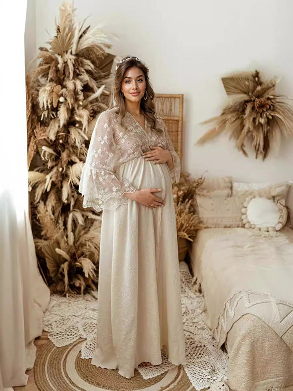 Joliloves Albicocca Elegante Pizzo Ricamo Maxi abiti fotografico premaman