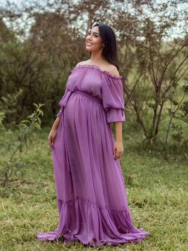 Joliloves Viola Chiffon Elegante Spalle Scoperte Balze Spiaggia Vacanze Boemia Maxi abiti fotografico premaman