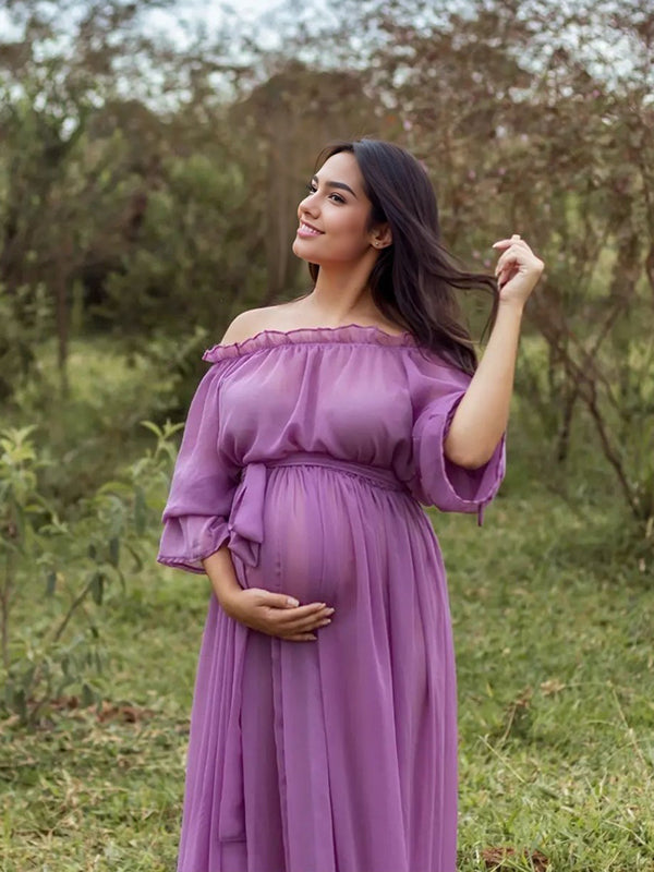 Joliloves Viola Chiffon Elegante Spalle Scoperte Balze Spiaggia Vacanze Boemia Maxi abiti fotografico premaman