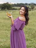 Joliloves Viola Chiffon Elegante Spalle Scoperte Balze Spiaggia Vacanze Boemia Maxi abiti fotografico premaman