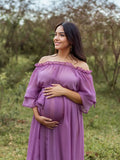 Joliloves Viola Chiffon Elegante Spalle Scoperte Balze Spiaggia Vacanze Boemia Maxi abiti fotografico premaman