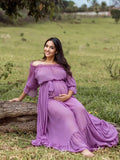 Joliloves Viola Chiffon Elegante Spalle Scoperte Balze Spiaggia Vacanze Boemia Maxi abiti fotografico premaman