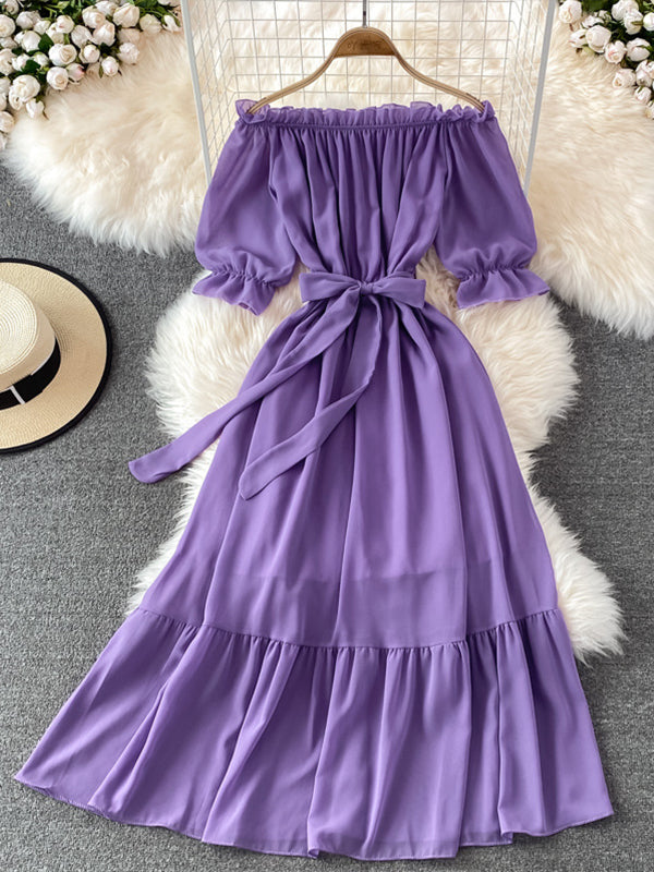 Joliloves Viola Chiffon Elegante Spalle Scoperte Balze Spiaggia Vacanze Boemia Maxi abiti fotografico premaman