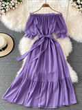 Joliloves Viola Chiffon Elegante Spalle Scoperte Balze Spiaggia Vacanze Boemia Maxi abiti fotografico premaman