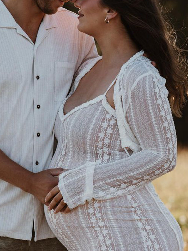 Joliloves Albicocca Pizzo 2 Pezzi Spacco Laterale Scollo A V Sottoveste Maxi vestiti eleganti fotografico premaman