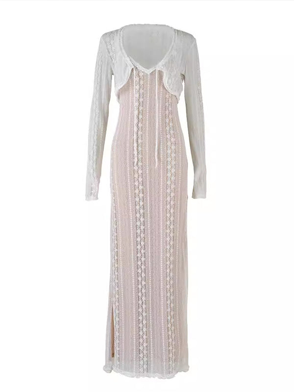 Joliloves Albicocca Pizzo 2 Pezzi Spacco Laterale Scollo A V Sottoveste Maxi vestiti eleganti fotografico premaman