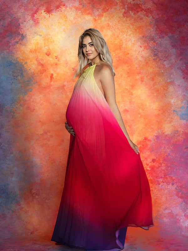 Joliloves Rosso Sfumatura Di Colore Chiffon Elegante Allacciatura Al Collo Spiaggia Vacanze Boemia Lunghezza Del Piano Maxi abiti premaman