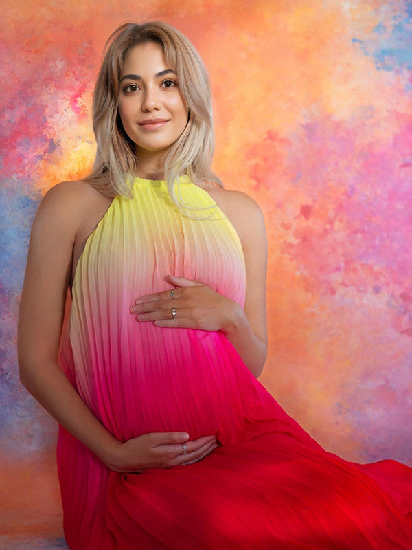 Joliloves Rosso Sfumatura Di Colore Chiffon Elegante Allacciatura Al Collo Spiaggia Vacanze Boemia Lunghezza Del Piano Maxi abiti premaman
