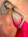 Joliloves Rosso Sfumatura Di Colore Chiffon Elegante Allacciatura Al Collo Spiaggia Vacanze Boemia Lunghezza Del Piano Maxi abiti premaman