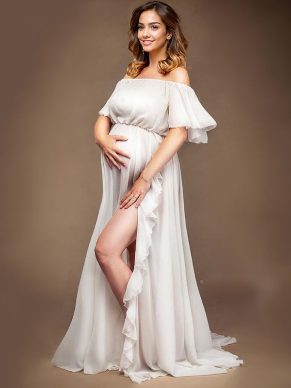 Joliloves Colore Unico Chiffon Spalle Scoperte Senza Schienale Balze Spacco Laterale Maxi abiti fotografico premaman