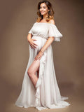 Joliloves Colore Unico Chiffon Spalle Scoperte Senza Schienale Balze Spacco Laterale Maxi abiti fotografico premaman