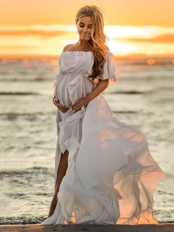 Joliloves Colore Unico Chiffon Spalle Scoperte Senza Schienale Balze Spacco Laterale Maxi abiti fotografico premaman