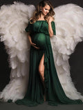 Joliloves Colore Unico Chiffon Spalle Scoperte Senza Schienale Balze Spacco Laterale Maxi abiti fotografico premaman
