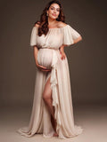 Joliloves Colore Unico Chiffon Spalle Scoperte Senza Schienale Balze Spacco Laterale Maxi abiti fotografico premaman