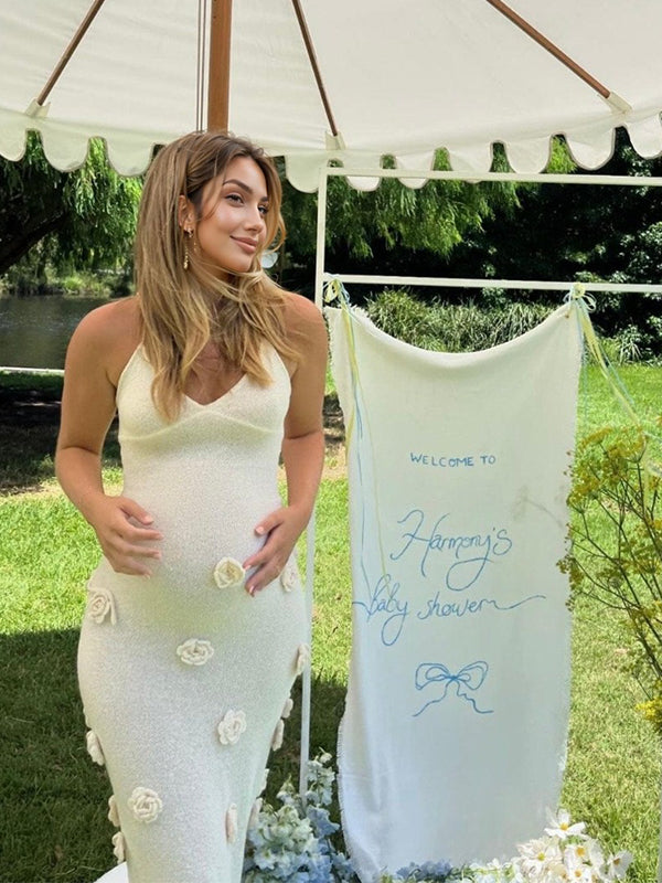Joliloves Bianco abiti cerimonia premaman Allacciatura Al Collo Senza Schienale 3D Floreale Coda Di Pesce Sottile Festa Maxi vestito premaman