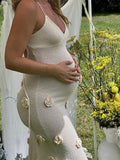 Joliloves Bianco abiti cerimonia premaman Allacciatura Al Collo Senza Schienale 3D Floreale Coda Di Pesce Sottile Festa Maxi vestito premaman