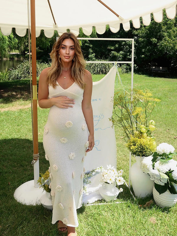 Joliloves Bianco abiti cerimonia premaman Allacciatura Al Collo Senza Schienale 3D Floreale Coda Di Pesce Sottile Festa Maxi vestito premaman
