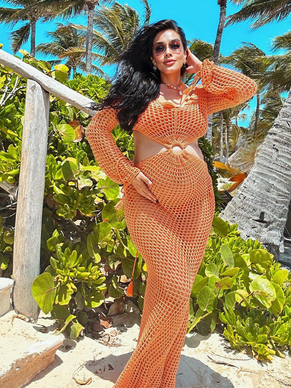 Joliloves Arancione Frange trasparente Vacanze Spiaggia Sottile Maxi Abiti premaman