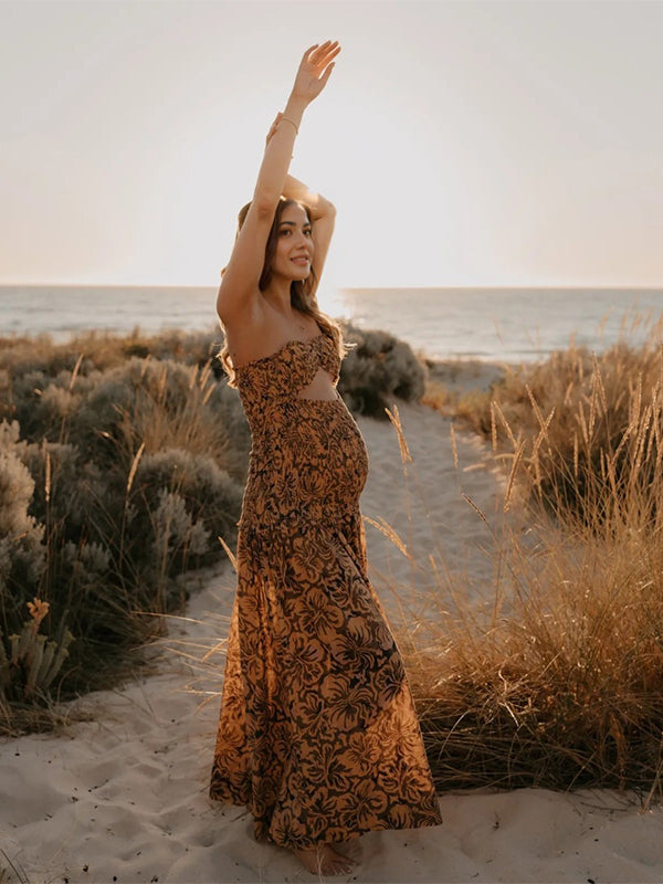 Joliloves Marrone Fioreale Balze Spacco Laterale Senza Spalline Elegante Spiaggia Vacanze Maxi Abiti fotografico premaman