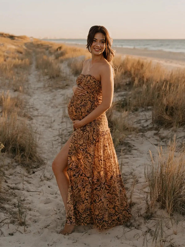 Joliloves Marrone Fioreale Balze Spacco Laterale Senza Spalline Elegante Spiaggia Vacanze Maxi Abiti fotografico premaman