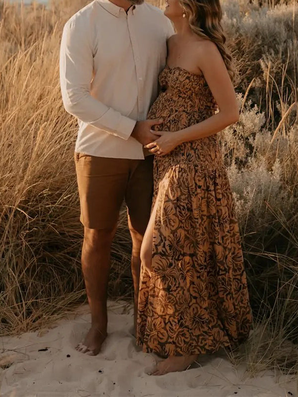 Joliloves Marrone Fioreale Balze Spacco Laterale Senza Spalline Elegante Spiaggia Vacanze Maxi Abiti fotografico premaman