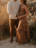 Joliloves Marrone Fioreale Balze Spacco Laterale Senza Spalline Elegante Spiaggia Vacanze Maxi Abiti fotografico premaman