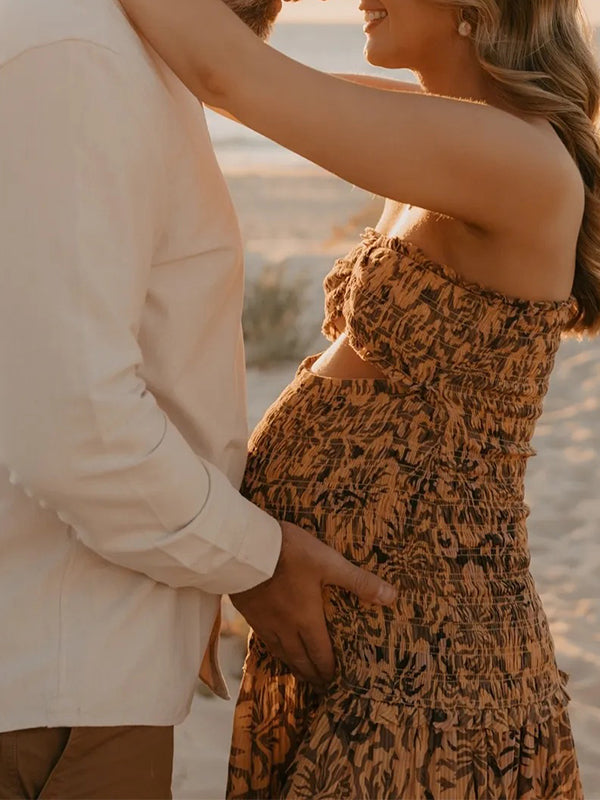 Joliloves Marrone Fioreale Balze Spacco Laterale Senza Spalline Elegante Spiaggia Vacanze Maxi Abiti fotografico premaman