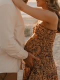 Joliloves Marrone Fioreale Balze Spacco Laterale Senza Spalline Elegante Spiaggia Vacanze Maxi Abiti fotografico premaman