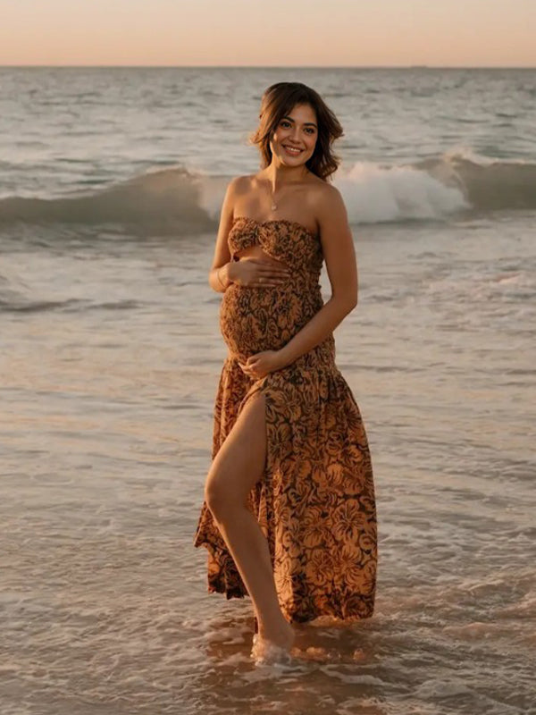 Joliloves Marrone Fioreale Balze Spacco Laterale Senza Spalline Elegante Spiaggia Vacanze Maxi Abiti fotografico premaman