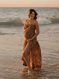 Joliloves Marrone Fioreale Balze Spacco Laterale Senza Spalline Elegante Spiaggia Vacanze Maxi Abiti fotografico premaman