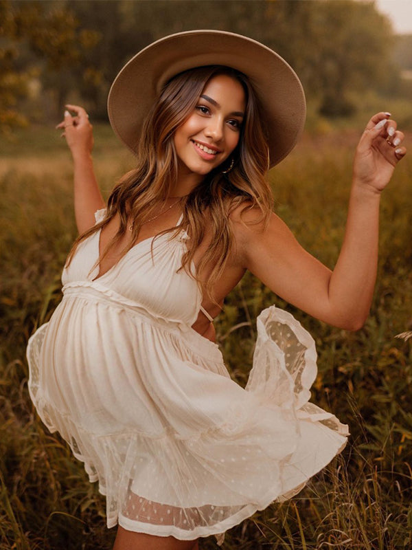 Joliloves Beige Allacciatura Al Collo Senza Schienale Patchwork Scollo A V Boemia Mini abiti fotografico premaman