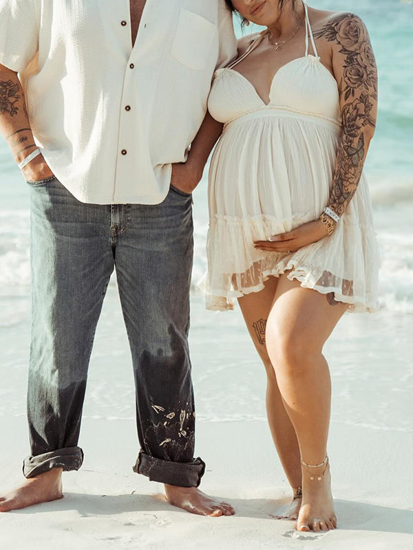 Joliloves Beige Allacciatura Al Collo Senza Schienale Patchwork Scollo A V Boemia Mini abiti fotografico premaman