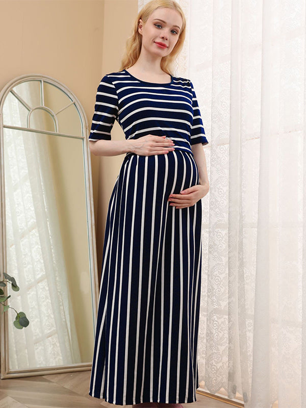 Joliloves Blu Navy A Strisce Manica Corta Quotidiano Casual allattamento per maternità Abiti premaman