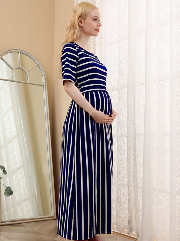Joliloves Blu Navy A Strisce Manica Corta Quotidiano Casual allattamento per maternità Abiti premaman