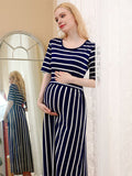 Joliloves Blu Navy A Strisce Manica Corta Quotidiano Casual allattamento per maternità Abiti premaman
