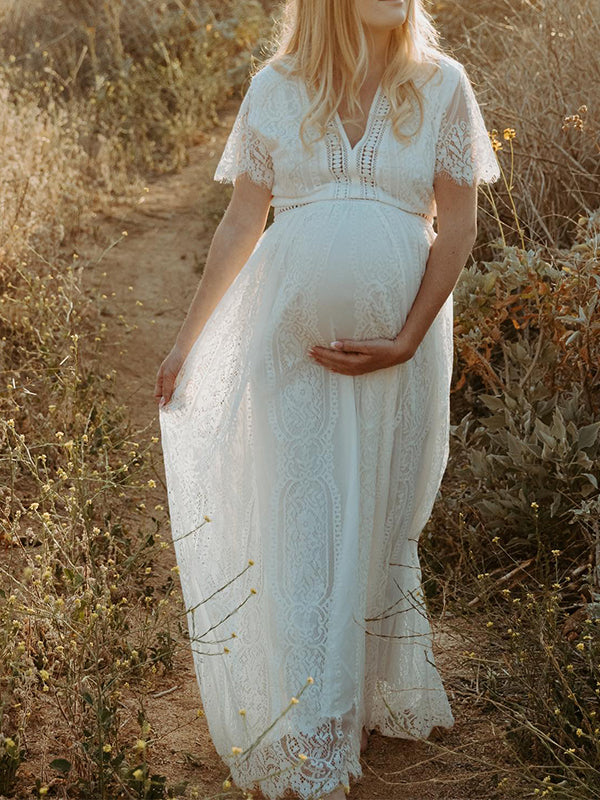 Joliloves Bianco traforato Balze Ricamo Scollo A V Pizzo Abiti Maxi premaman per servizi fotografic