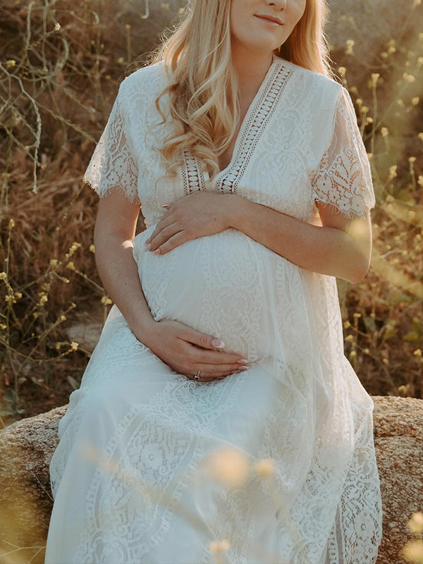 Joliloves Bianco traforato Balze Ricamo Scollo A V Pizzo Abiti Maxi premaman per servizi fotografic