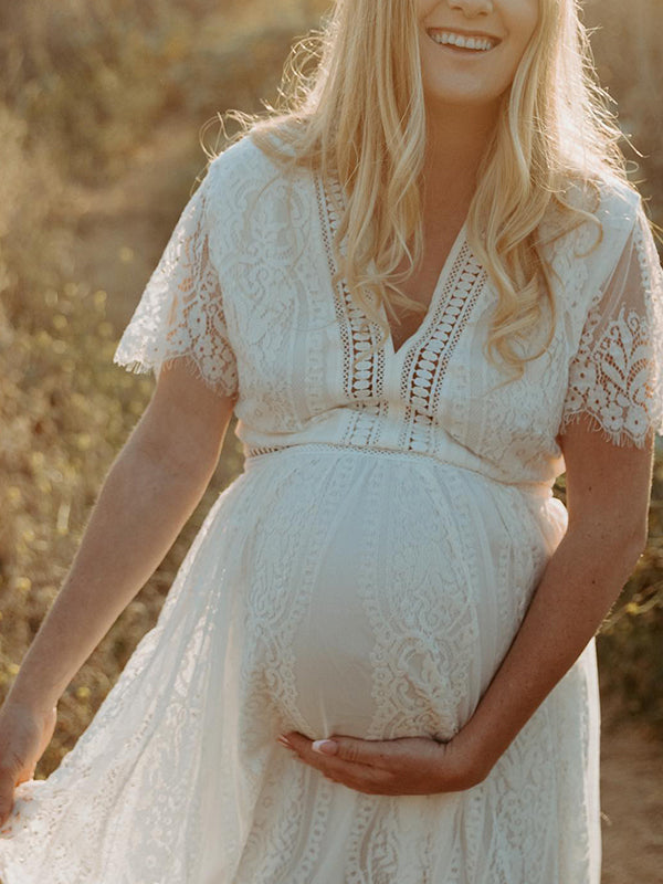 Joliloves Bianco traforato Balze Ricamo Scollo A V Pizzo Abiti Maxi premaman per servizi fotografic