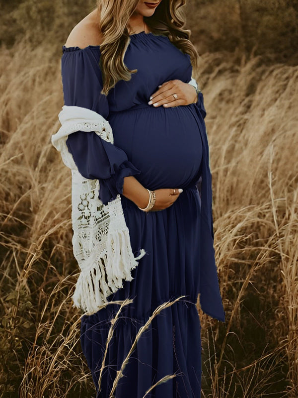 Joliloves Blu Scuro Boemia Balze Cintura Spalle Scoperte Maxi abiti fotografico premaman