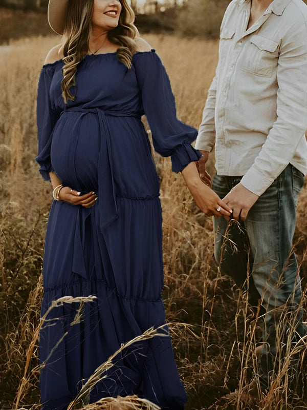 Joliloves Blu Scuro Boemia Balze Cintura Spalle Scoperte Maxi abiti fotografico premaman