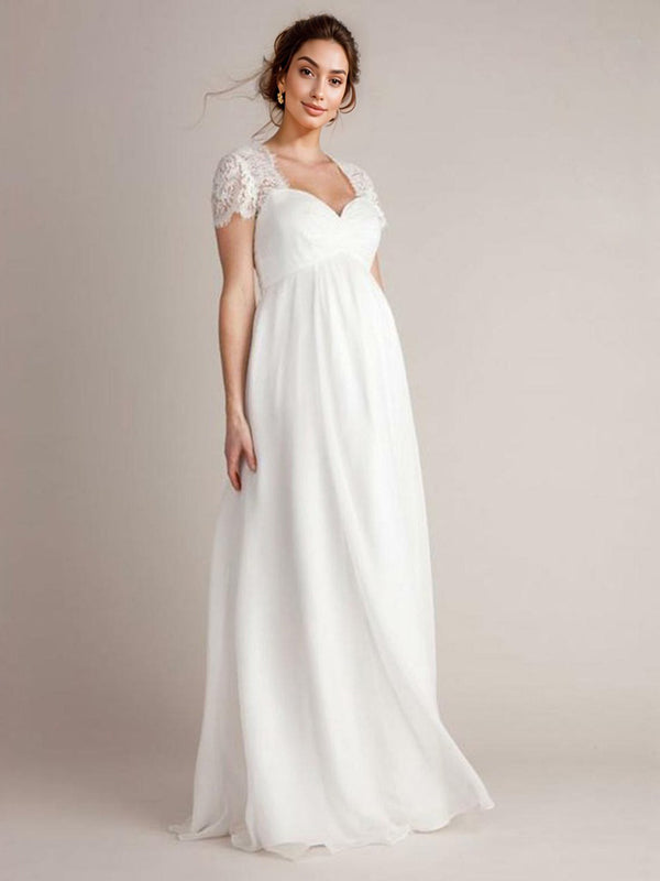 Joliloves Bianco Pizzo Manica Corta Sposa  Maxi abiti cerimonia premaman