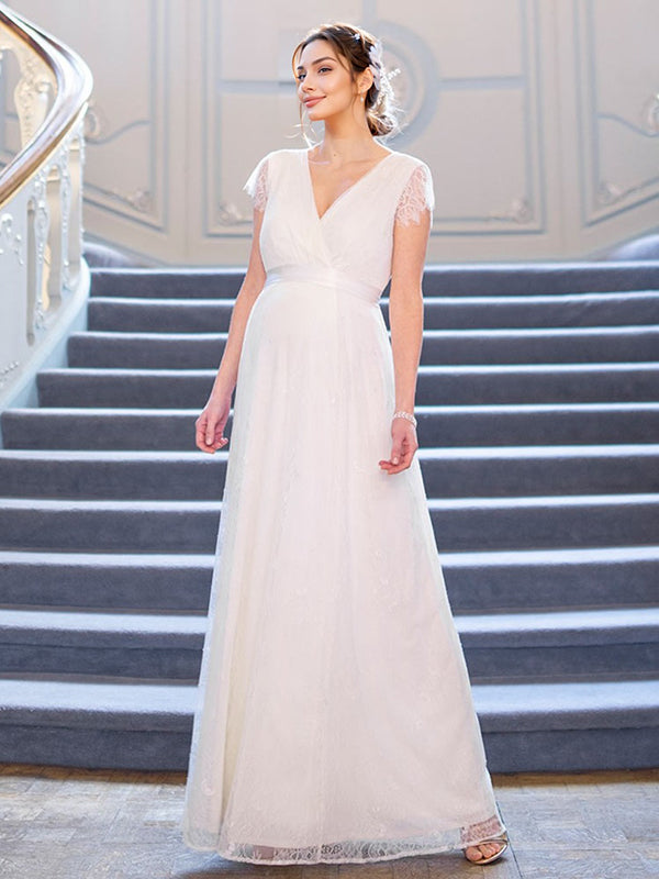 Joliloves Bianco Pizzo Manica Corta Scollo A V Sposa  Maxi abiti cerimonia premaman