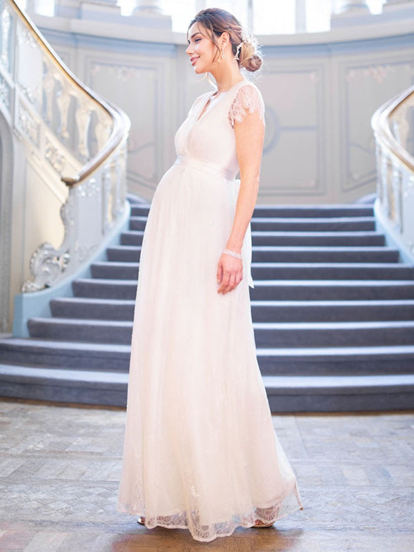Joliloves Bianco Pizzo Manica Corta Scollo A V Sposa  Maxi abiti cerimonia premaman