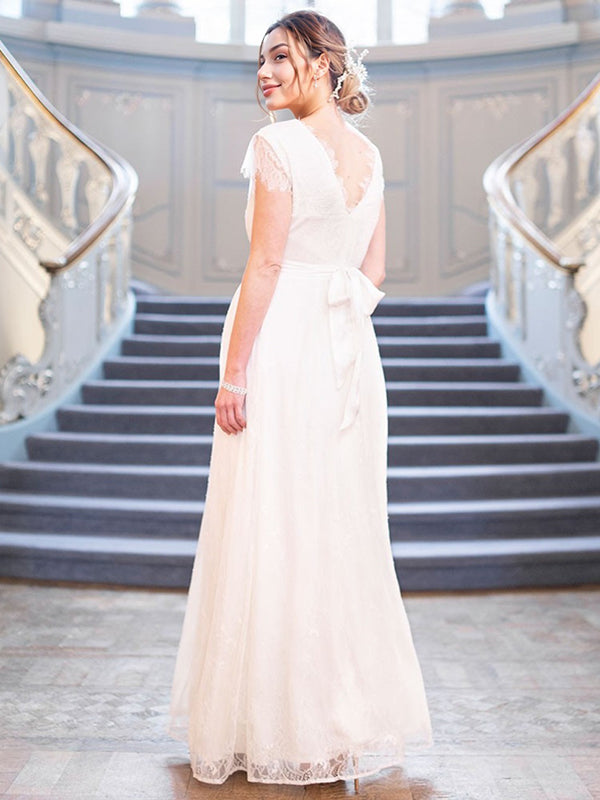 Joliloves Bianco Pizzo Manica Corta Scollo A V Sposa  Maxi abiti cerimonia premaman