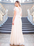 Joliloves Bianco Pizzo Manica Corta Scollo A V Sposa  Maxi abiti cerimonia premaman
